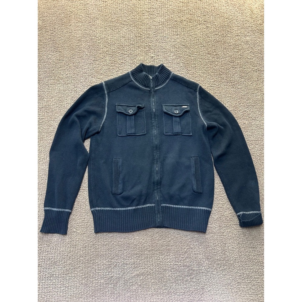 Guess Mens Full Zip Mock Neck Sweater Navy Blue Contrast Stitch Pockets Size M